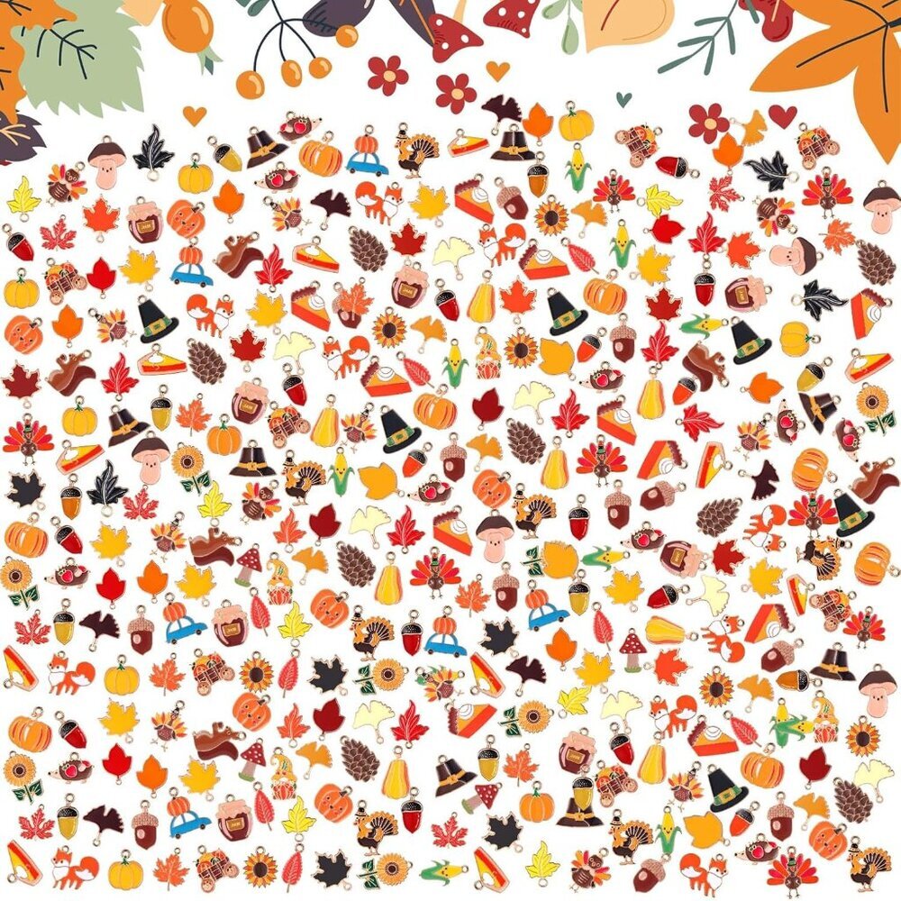300 Pcs Fall Charms for Jewelry Making Bulk Autumn Thanksgiving Enamel Maple Lea